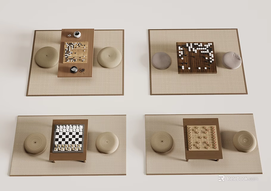 Various Board Game Setups Including Chess Go And Checkers For Recreational Play 3d model 