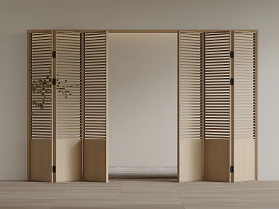 Wooden Louvered Folding Doors In Minimalist Home Interior With Plant 3d model