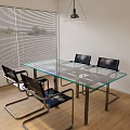 Modern Glass Top Dining Table Set With Black Chairs Metal Frame And Wooden Floor