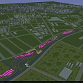Urban Park Landscape With Green Space River Walking Paths And Surrounding Buildings