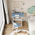 Blue Desk in Modern Cozy Kids Bedroom with Books Notebook and Decorations by Window