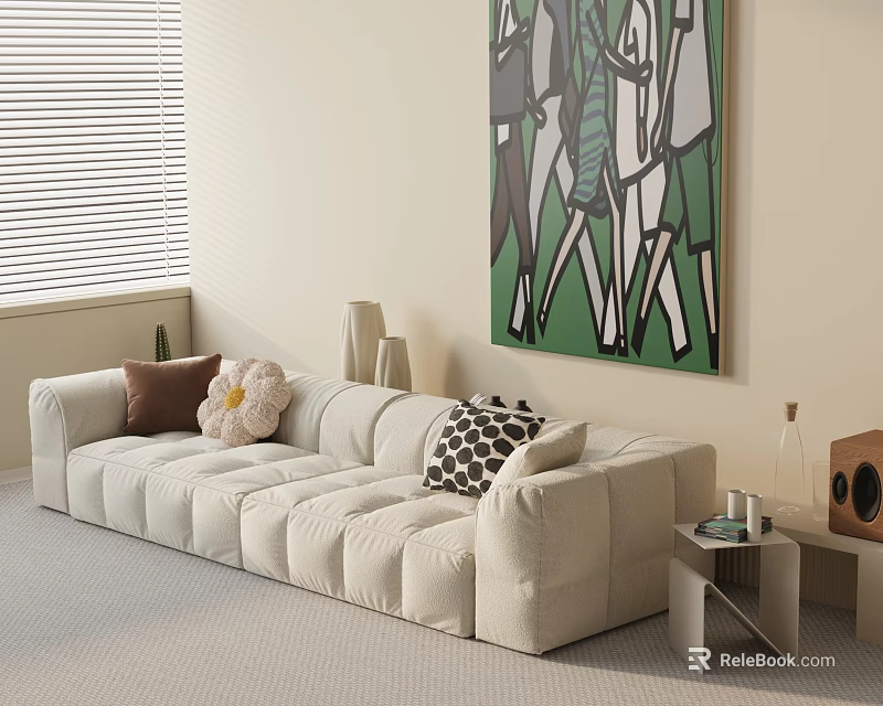 Beige Three-Seater Sofa In Bright Room With Decorative Cushions Abstract Painting And Side Table 3d model 