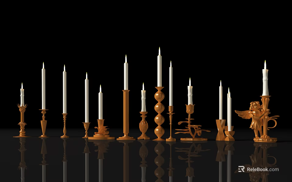 Elegant Candle Holders With Diverse Designs Including Gold Accents And Decorative Shapes 3d model 