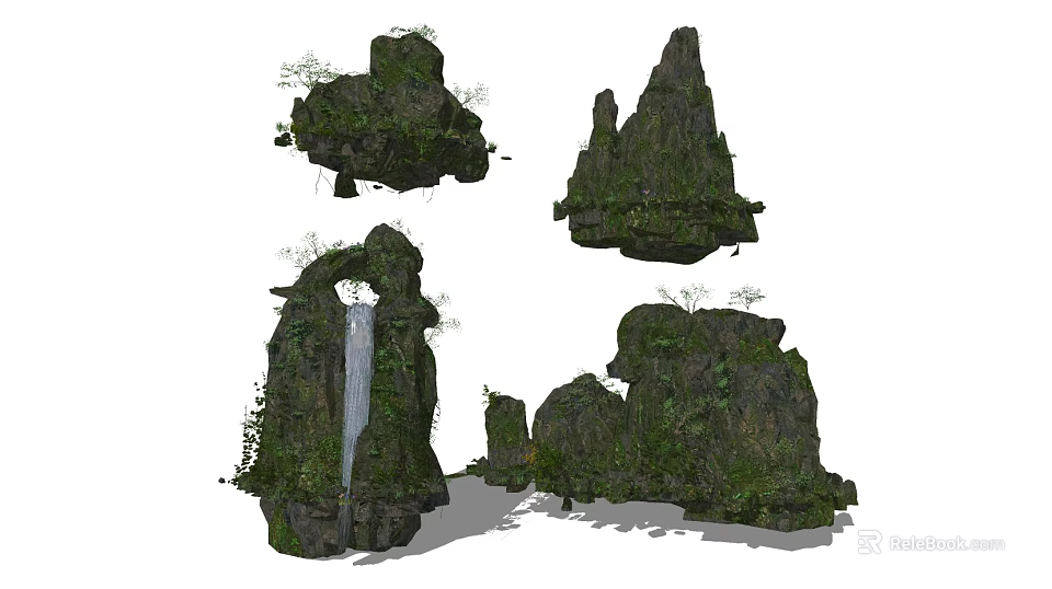 Natural Garden Ornaments With Rock Formations Waterfall And Lush Green Foliage 3d model 