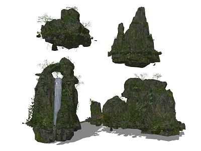 Natural Garden Ornaments With Rock Formations Waterfall And Lush Green Foliage 3d model