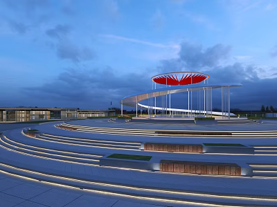 Evening Square Landscape With Red Canopy Curved Terraces And Illuminated Design 3d model