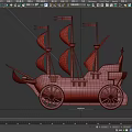 Wooden Ship With Red Sails And Gold Wheels On White Background