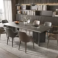 Modern Dining Table Set With Six Gray Chairs And Fruit Bowl Vase In Minimalist Interior