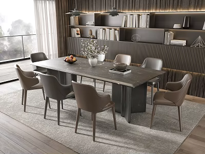 Modern Dining Table Set With Six Gray Chairs And Fruit Bowl Vase In Minimalist Interior 3d model