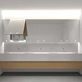 Modern Public Restroom Interior Featuring Bright Mirrors Clean Washbasin Counter And Wooden Cabinets