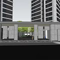 Modern Entrance Gate With Stone Columns Glass Canopy And High Rise Building Facade