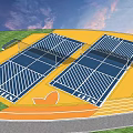 Outdoor Fitness Facility With Two Tennis Courts And Curved Running Track On Green Grass