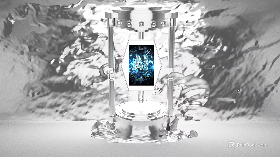 Silver Metal Art Installation With Central Digital Screen Showing Blue Pattern And Water Wave Background 3d model 