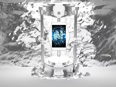Silver Metal Art Installation With Central Digital Screen Showing Blue Pattern And Water Wave Background 3d model