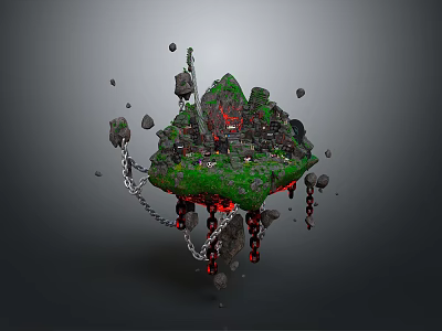 Mystical Floating Island Scene With Green Grass Red Lava Chains And Scattered Rocks 3d model