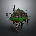 Mystical Floating Island Scene With Green Grass Red Lava Chains And Scattered Rocks