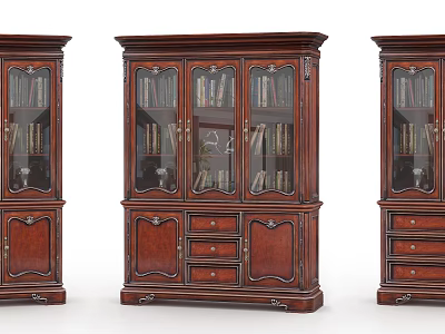 Classic Wooden Bookcase With Glass Doors Books Drawers And Carved Details 3d model