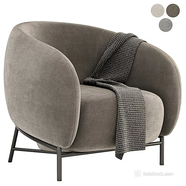 Gray Velvet Single Sofa With Round Arms Black Metal Legs And Knitted Throw Blanket 3d model 