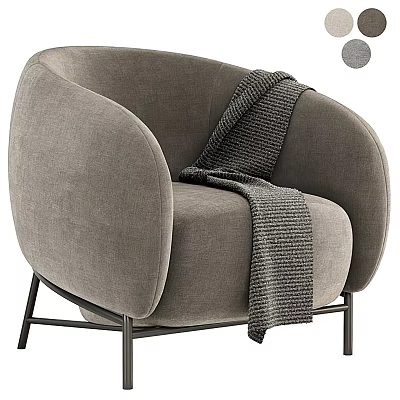 Gray Velvet Single Sofa With Round Arms Black Metal Legs And Knitted Throw Blanket 3d model