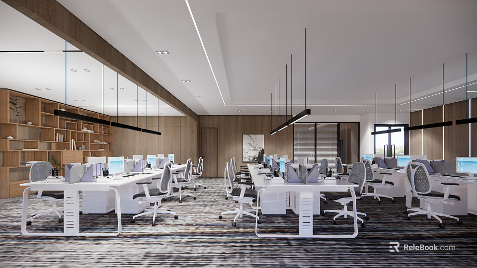 Modern Public Office Space With White Desks Ergonomic Chairs Computers And Wooden Walls 3d model 