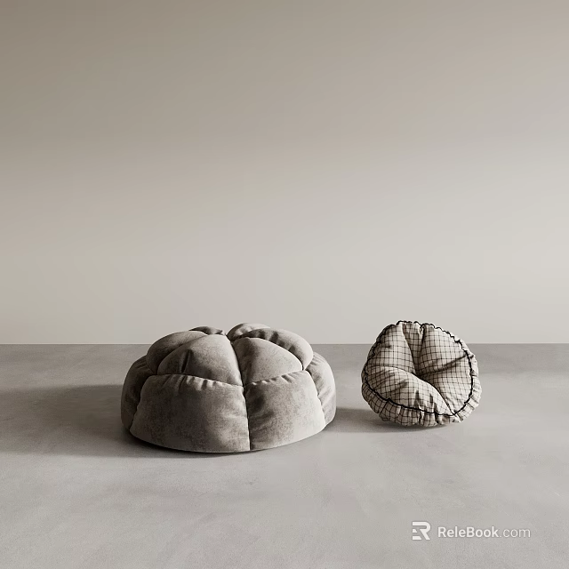 Two Gray Soft Textured Pillows with Puffed Design and Checkered Pattern 3d model