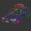 Blue Sedan Car With Luggage Tied On Roof Using Yellow Rope