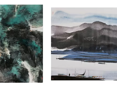 Abstract Green Black Brush Art And Chinese Ink Landscape Painting With Mountain Water Boat 3d model