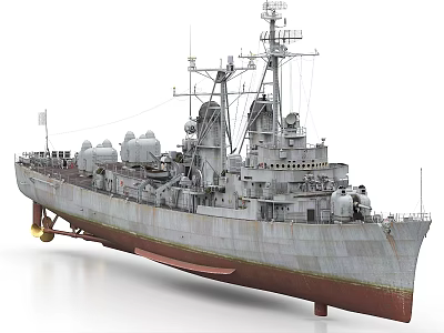 Vintage Warship With Turrets Antennas And Rusted Red Hull Structure 3d model