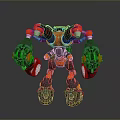 Red and Black Mechanical Game and Movie Character with Large Arms and Green Accents