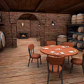 Rustic Interior Featuring Brick Walls Wooden Barrels Round Dining Table Chairs Fireplace And Wooden Shelves
