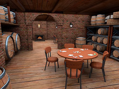 Rustic Interior Featuring Brick Walls Wooden Barrels Round Dining Table Chairs Fireplace And Wooden Shelves 3d model