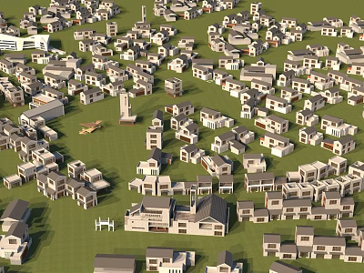 Dense Residential Community With Various House Designs And Green Spaces 3d model