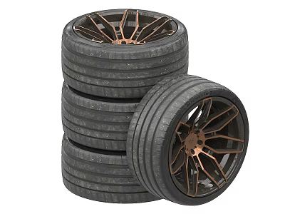 Stacked Car Tires With One Sideways Placed Copper Colored Spoke Design Wheels 3d model