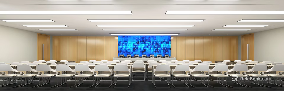 Modern Conference Room Interior With White Chairs Blue Large Screen Wooden Walls And Long Strip Lights 3d model 