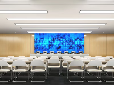 Modern Conference Room Interior With White Chairs Blue Large Screen Wooden Walls And Long Strip Lights 3d model