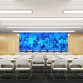 Modern Conference Room Interior With White Chairs Blue Large Screen Wooden Walls And Long Strip Lights