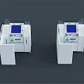 White Functional Desk With Transparent Protective Shield Blue Screen And Self Service Elements