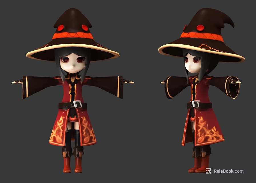 Adorable Witch Game Character In Red Black Outfit With Flame Patterns And Large Hat 3d model 