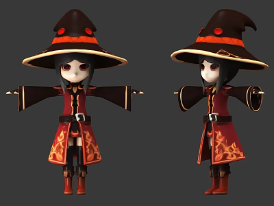 Adorable Witch Game Character In Red Black Outfit With Flame Patterns And Large Hat 3d model