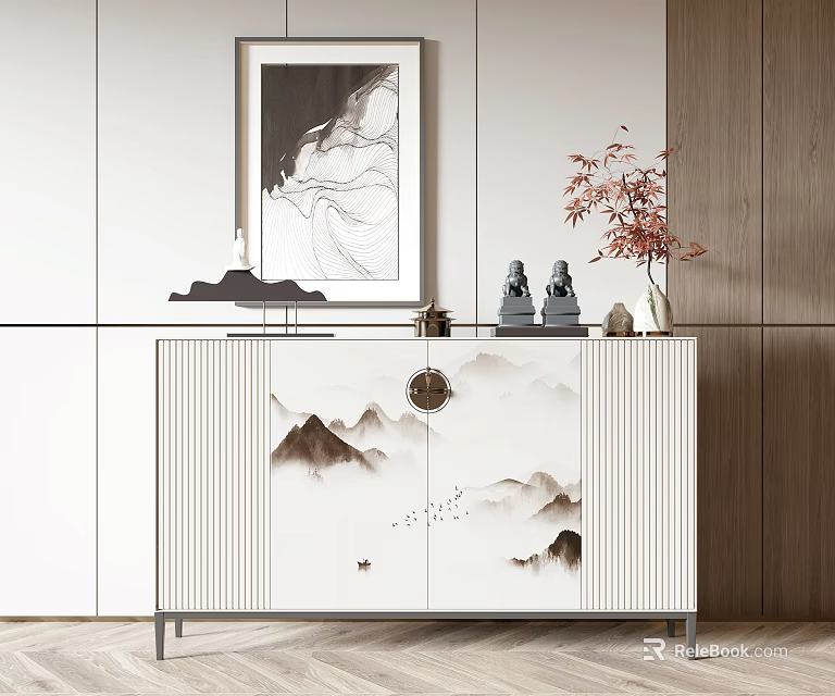 Modern Chinese Entryway Console Table With Mountain Landscape Design And Decorative Items 3d model