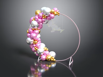 Decorative Circular Frame With Pink White Gold Balloons And Moon Star Ornament 3d model