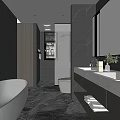 Modern Bathroom Interior With Dark Tile Walls White Bathtub Toilet And Marble Vanity