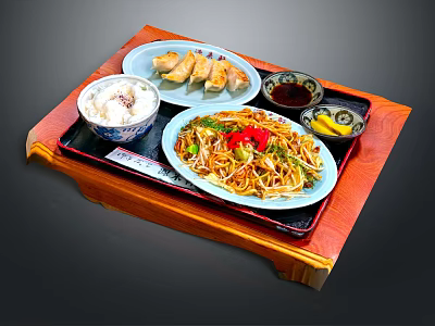 Traditional Asian Food Platter with Dumplings Noodles Rice and Sauce on Wooden Tray 3d model