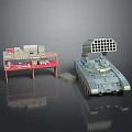 Detailed Tank Model Display Scene With Red Table And Boxes Items On Top 3d model