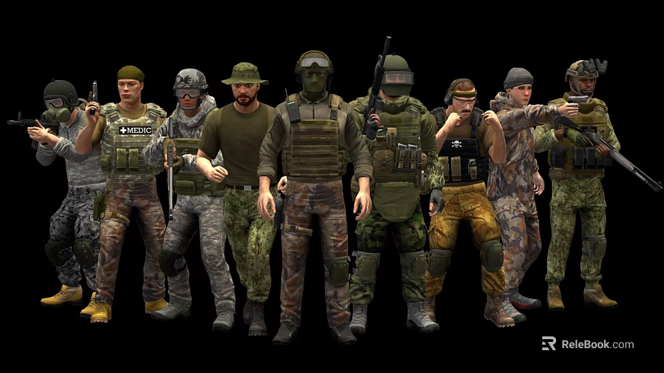 Group of Multiple People in Tactical Military Gear With Camouflage Uniforms and Weapons 3d model 
