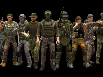 Group of Multiple People in Tactical Military Gear With Camouflage Uniforms and Weapons 3d model