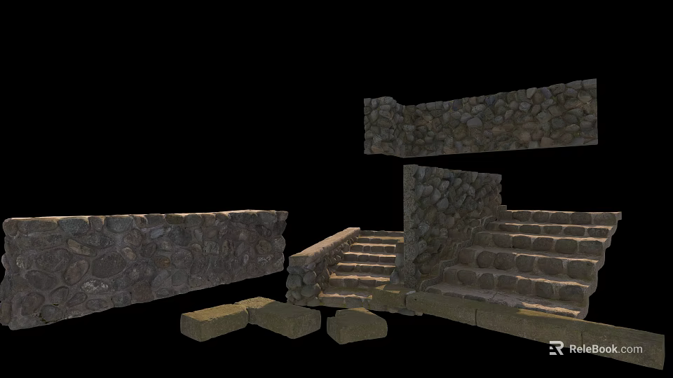 Natural Stone and Wood Construction with Rustic Walls Steps and Blocks 3d model