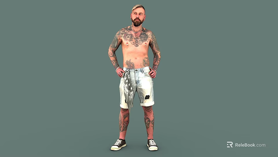 Tattooed Shirtless Man Wearing Shorts Standing With Hands On Hips In Gray Background 3d model 