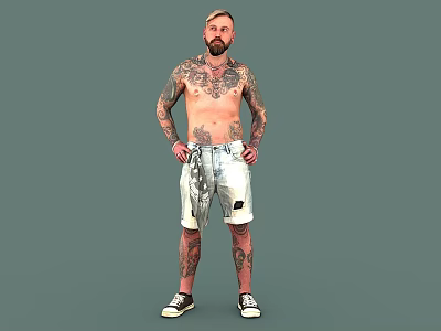 Tattooed Shirtless Man Wearing Shorts Standing With Hands On Hips In Gray Background 3d model