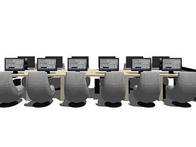 Modern Office Desks in Row Setup With Computers and Ergonomic Chairs 3d model